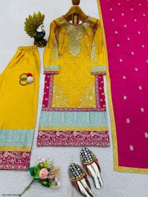 Designer Chinon Silk Yellow Sequence Work Sharara Suit