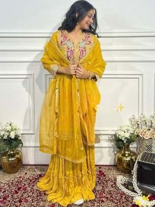 Designer Collection Yellow Sequence Work Gharara Suit 