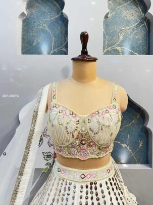Designer Fox Georgette Sequins, Mirror Work White Lehenga
