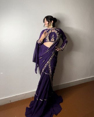 Purple Designer Georgette Ready To Wear Saree With Blouse