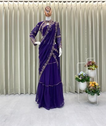 Purple Designer Georgette Ready To Wear Saree With Blouse