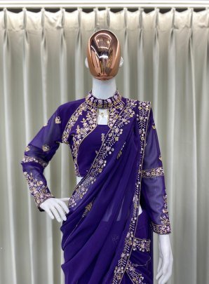 Purple Designer Georgette Ready To Wear Saree With Blouse