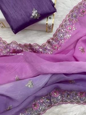 Designer Lavender Purple Saree With Floral Embroidery