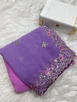 Designer Lavender Purple Saree With Floral Embroidery