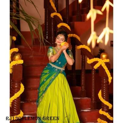 Designer Lemon Green Kanjivaram Silk Pure Zari Half Saree