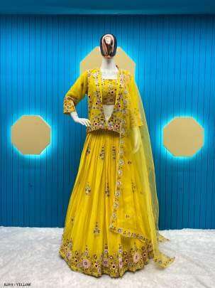 Designer Multi Threads Sequence Work Yellow  Blazer   koti Tube Choli