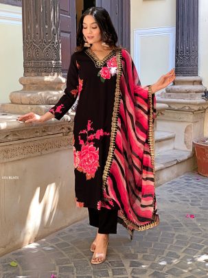 Designer Muslin Black Floral Print Kurti Pant With Dupatta Set