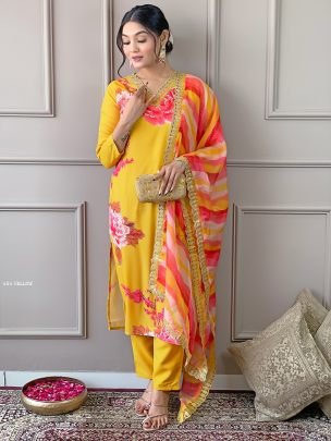 Designer Muslin Yellow Floral Print Kurti Pant With Dupatta Set