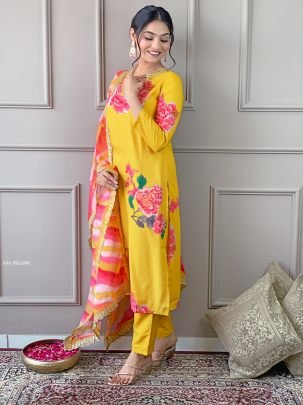 Designer Muslin Yellow Floral Print Kurti Pant With Dupatta Set