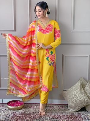 Designer Muslin Yellow Floral Print Kurti Pant With Dupatta Set