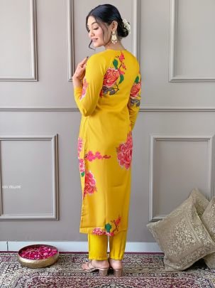 Designer Muslin Yellow Floral Print Kurti Pant With Dupatta Set