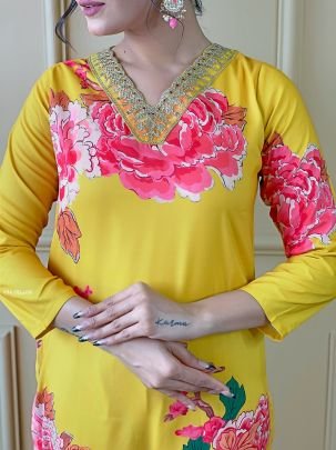 Designer Muslin Yellow Floral Print Kurti Pant With Dupatta Set