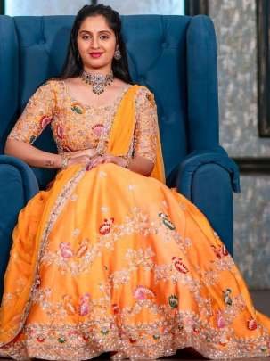 Designer Orange Colour Chinon Sequence Work Lehenga Choli Set