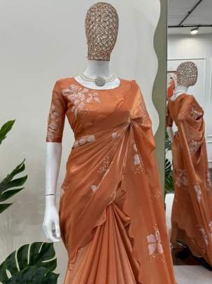 Designer Orange Jimmy Chu Saree With Thread Work