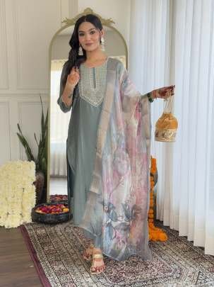 Designer Party Wear Embroidered Straight Kurti Pant Pair