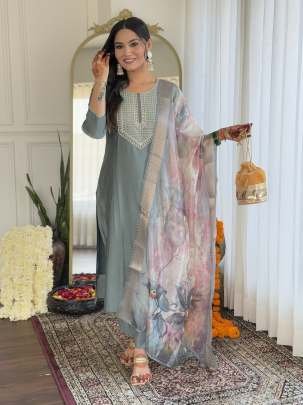 Designer Party Wear Embroidered Straight Kurti Pant Pair