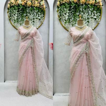 designer peach organza silk saree with thread and sequence work