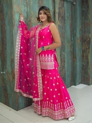 Designer Pink Faux Georgette Sharara, Top With Dupatta