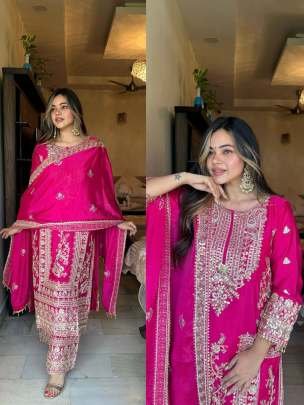 Party Wear Multi Embroidery Work Pure Chinon Silk Palazo Suits