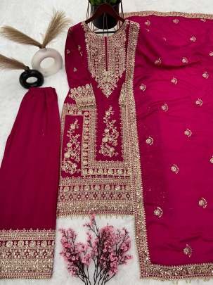 Party Wear Multi Embroidery Work Pure Chinon Silk Palazo Suits
