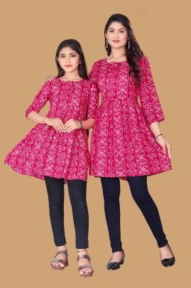 Designer Pink Mother daughter Printed Combo