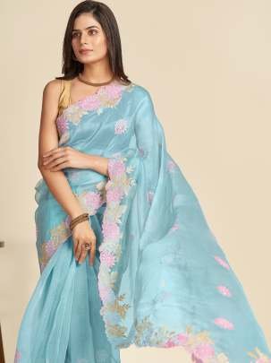 Designer Sky Blue Organza Saree