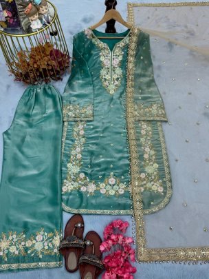Designer Sky Blue Plazzo Set with Sequence Work   