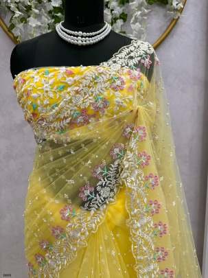 Designer soft net Yellow sequence work partywear saree