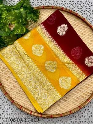 Designer Stylish Dark Red Georgette Saree With Yellow Color Border