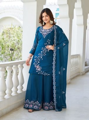 Designer teal Blue Sequence Embroidery Work Plazzo Suit