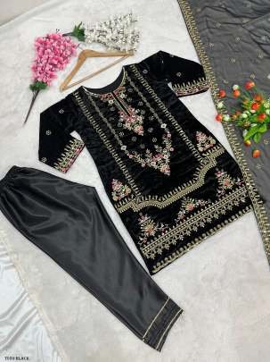 Designer Viscose Velvet Ready To Wear Black Kurti Pant Set