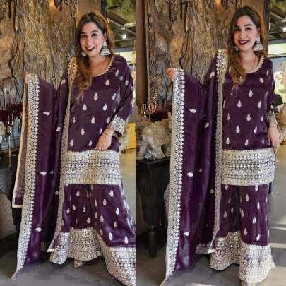 Designer Wedding Thread And Sequence Work Chinon Silk Top And Palazo Suits