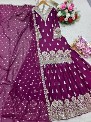 Designer Wine Lehenga Set With Siqwans Embroidery Work