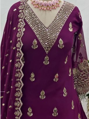 Designer Wine Lehenga Set With Siqwans Embroidery Work