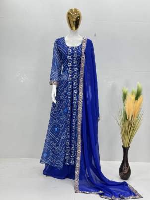 Digital Print With Embrodery Work Heavy Faux Georgette Ambrela Cut Palazo Kurtis Set