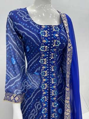 Digital Print With Embrodery Work Heavy Faux Georgette Ambrela Cut Palazo Kurtis Set