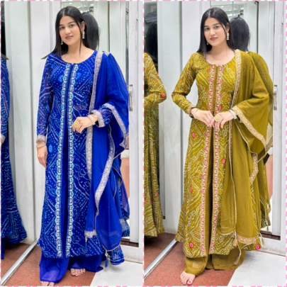 Digital Print With Embrodery Work Heavy Faux Georgette Ambrela Cut Palazo Kurtis Set