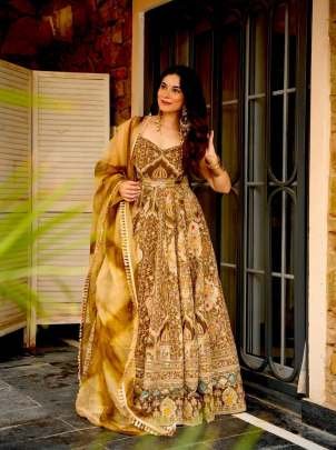 Digital Printed Oragnza  Anarkali Brown Color Gown 