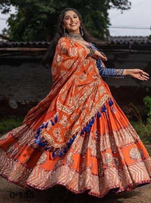 Digital Printed Orange Butter Silk Lehenga