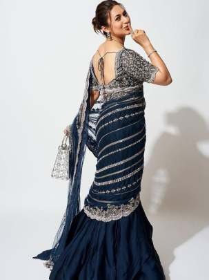 divyanka tripathi Wear Fantastic Navy Blue Color Embroidery Work Lehenga Saree