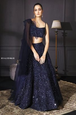 DJ Special Velvet Sequence Blue Lehenga Choli With Ruffle Dupatta