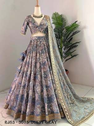 Dusty Gray Heavy Chinon Silk Heavy Embroidery Lehenga Choli Dupatta Set 