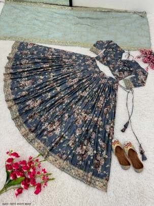 Dusty Gray Heavy Chinon Silk Heavy Embroidery Lehenga Choli Dupatta Set