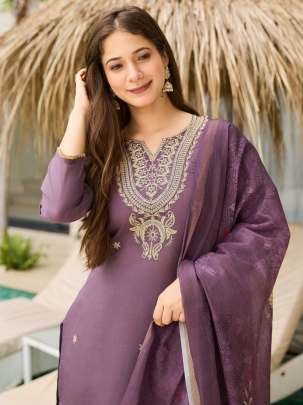 Dusty Purple Embroidered Kurti with Floral Dupatta