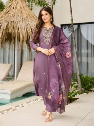 Dusty Purple Embroidered Kurti with Floral Dupatta