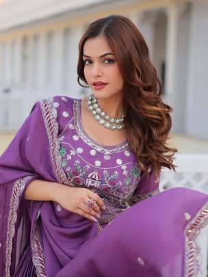 Eggplant Purple Real Modeling Classic Heavy Work Pure Chinon Lehenga Choli