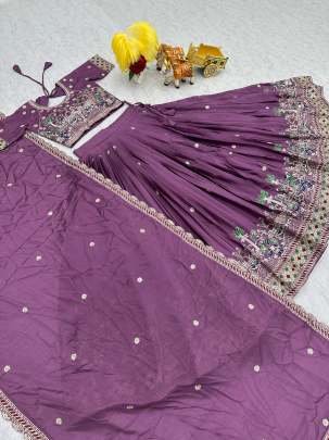 Eggplant Purple Real Modeling Classic Heavy Work Pure Chinon Lehenga Choli