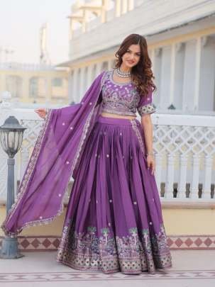 Eggplant Purple Real Modeling Classic Heavy Work Pure Chinon Lehenga Choli