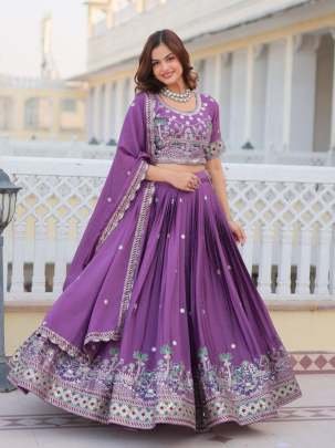 Eggplant Purple Real Modeling Classic Heavy Work Pure Chinon Lehenga Choli