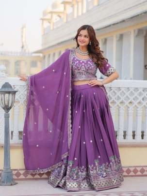 Eggplant Purple Real Modeling Classic Heavy Work Pure Chinon Lehenga Choli